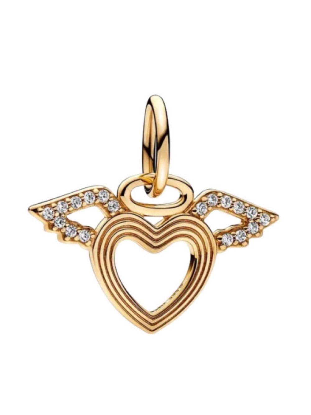 Pandora 14k Yellow Gold Heart & Angel Wings CZ Dangle Charm Pendant